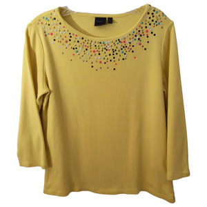 Rafaella 3/4 Sleeve Top Women's Size L Yellow Beaded Jersey Knit Pullover Tee